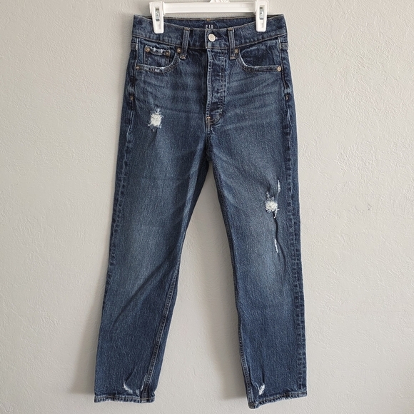 Gap Womens Cheeky Straight Dark Blue Distressed Denim Jeans Size 0/25 - Picture 1 of 9